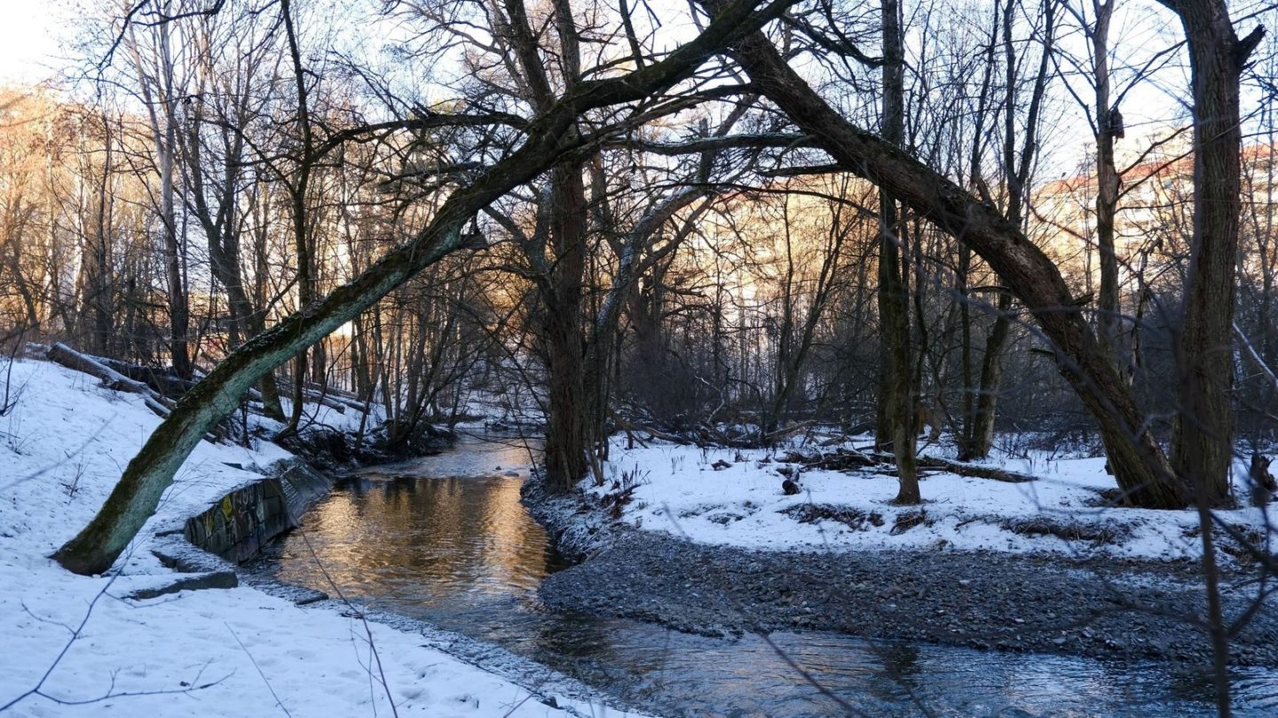 Oslotips 4: Alnaelva med snø langs breddene og lavt sollys