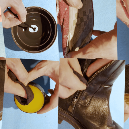bildekollage som viser reparasjon av sko