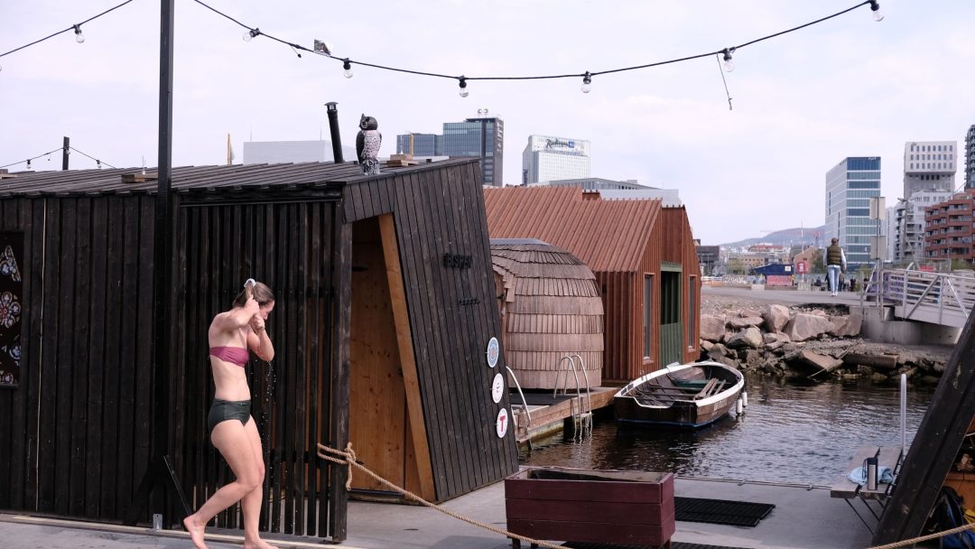 En kvinne i bikini som står ved siden av en brygge med solcelleanlegg.