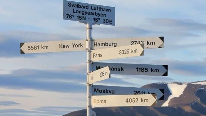 skilt, avstand fra Longyearbyen til andre byer i verden