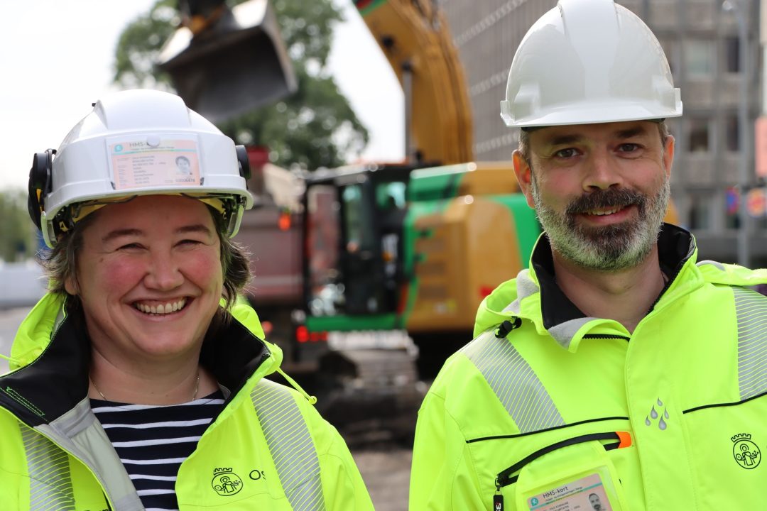 Karin Dalgber og Bjørn Arild Mythen i Bymiljøetaten, ansvarlig for oppgradering av Olav Vs gate.