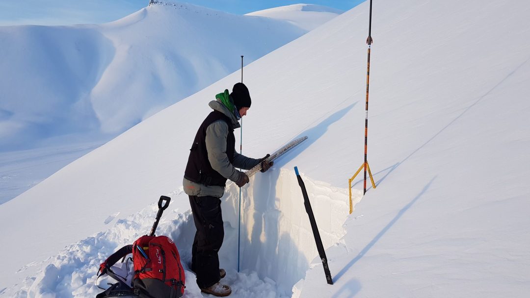 undersøker skredfare, person, snøkledd fjellside