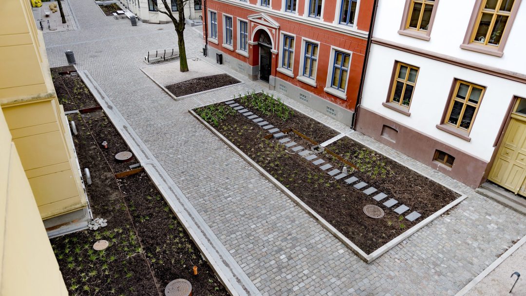 På bildet ser vi noen store blomsterbed i gatetunet i Deichmans gate/Wilses gate. En skulle nesten ikke tro at disse er spesialbygde for å ta opp store mengder vann.