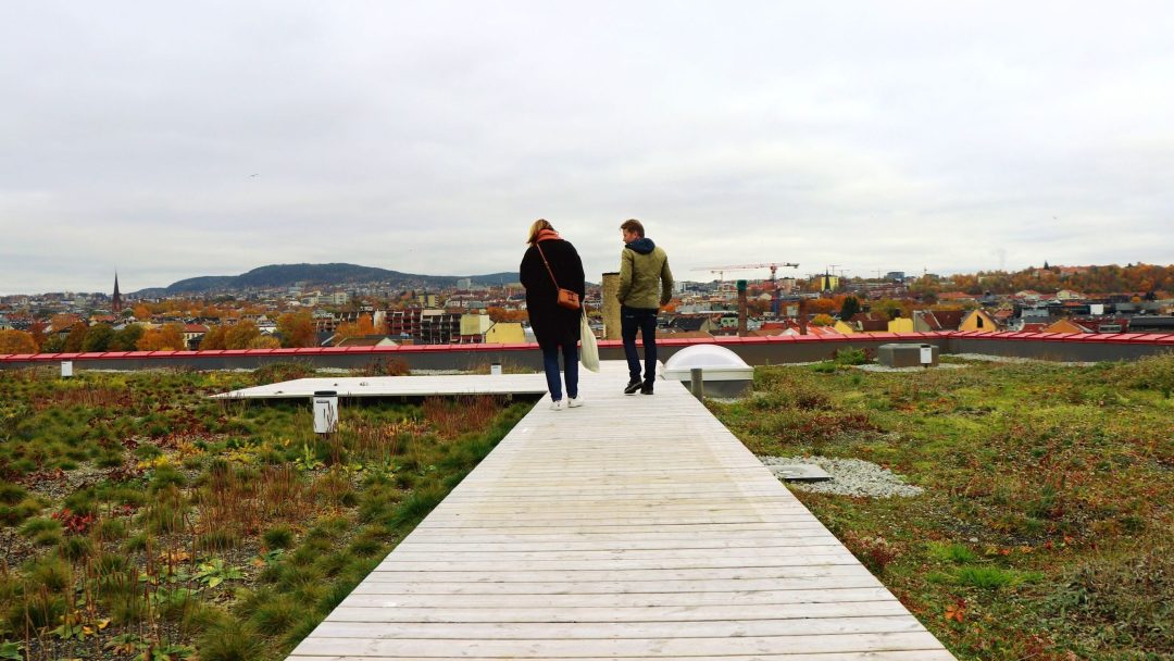 to personer går på taket på Vega Scene