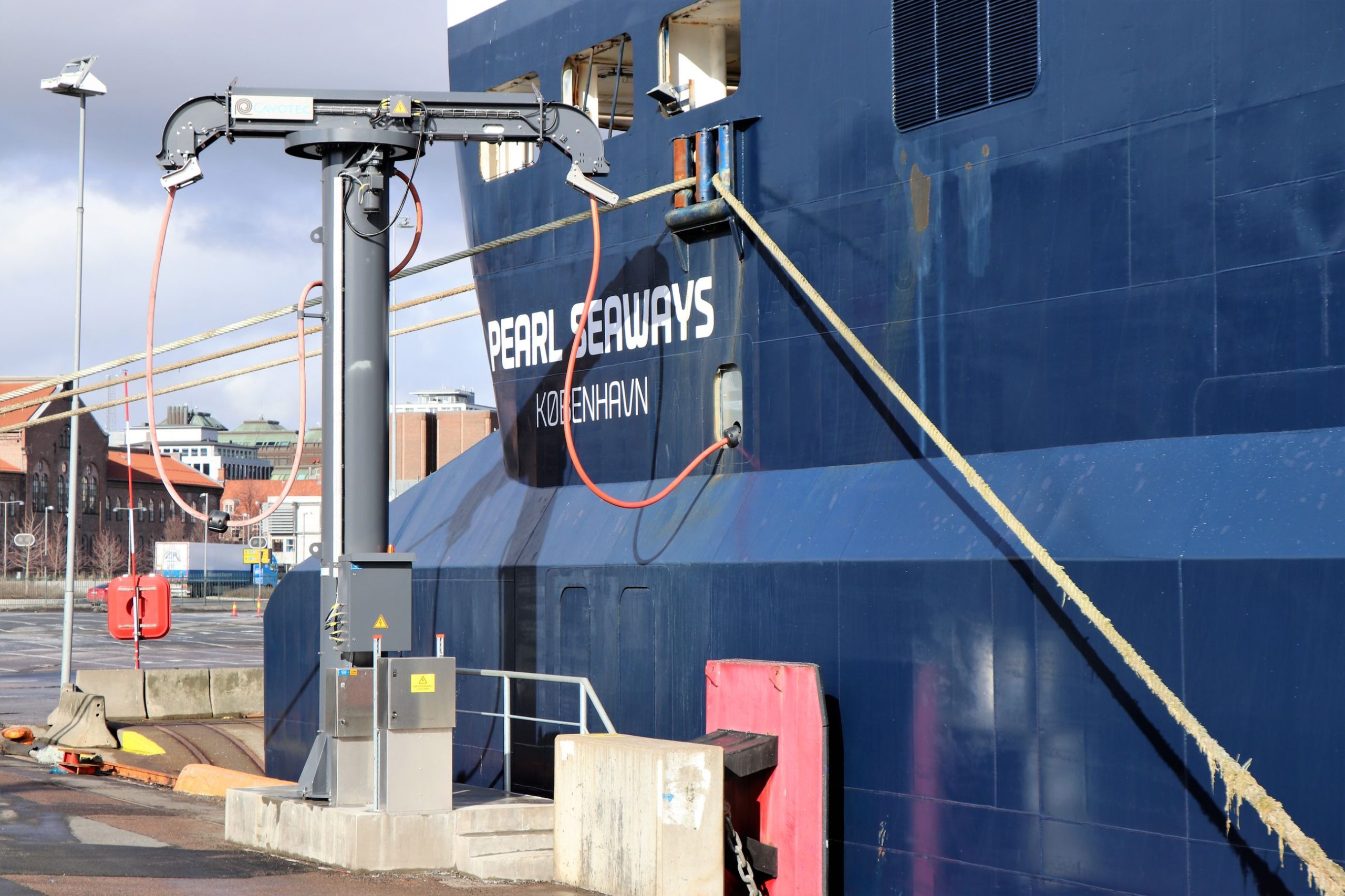 The Oslo-Copenhagen ferry connects to shore power while docking in Oslo.