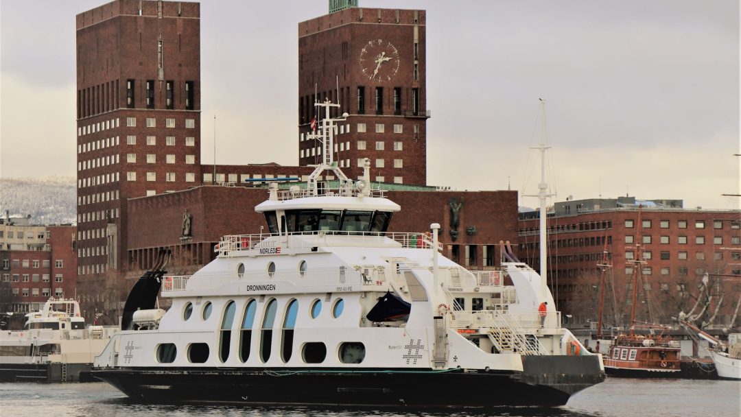 Nesodden ferry with the city hall of Oslo in the bacground