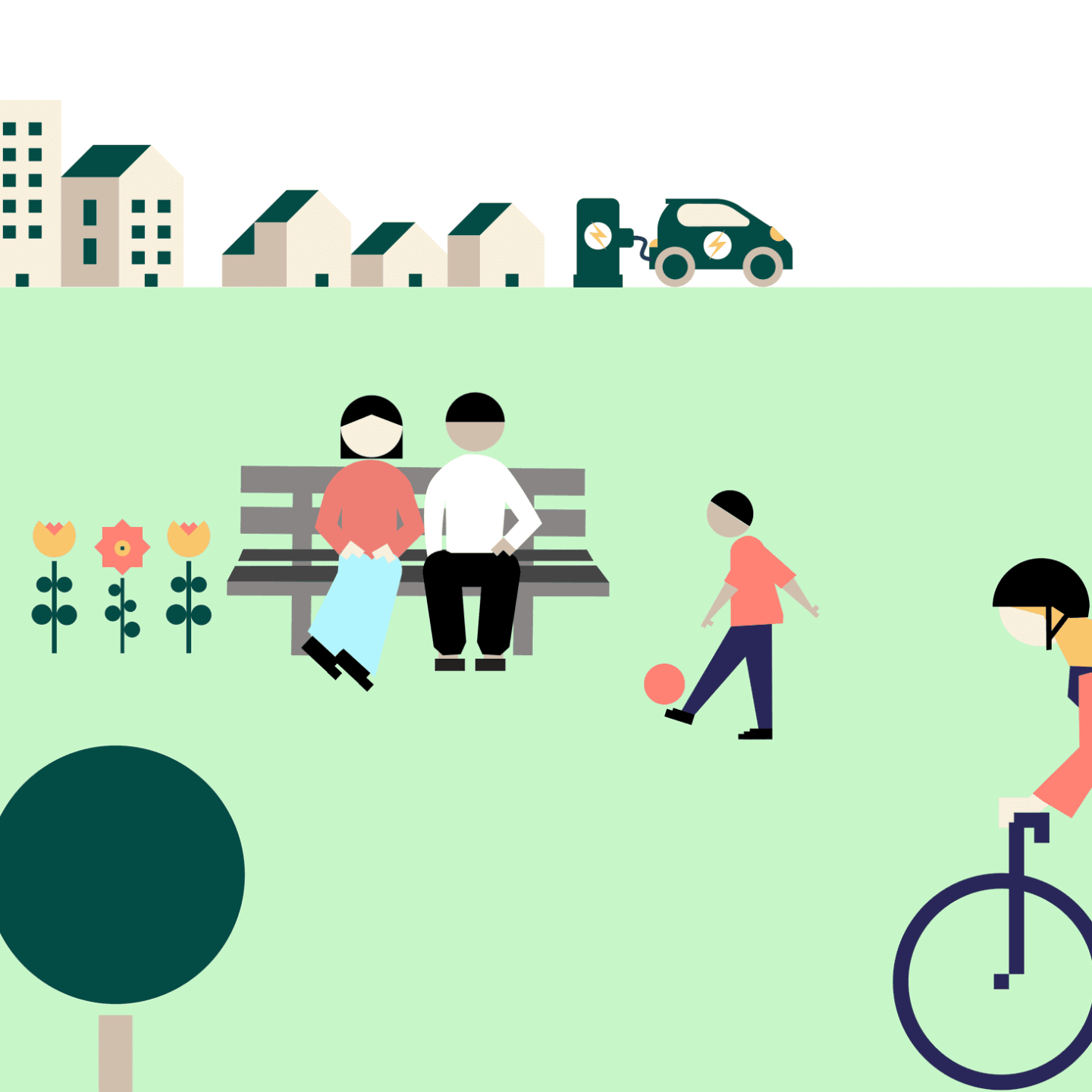 climate budgets, illustration of people mooving around in a park with houses in the back