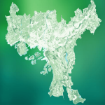 Abstrakt kartdesign på en grønn gradientbakgrunn, som ligner en detaljert topografisk illustrasjon med forskjellige konturer og landegenskaper.