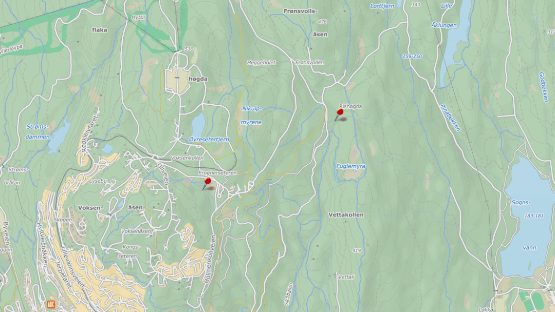 Kart over marka, Skådalen og Lunnerdalen der det er etablert stokkdammer.