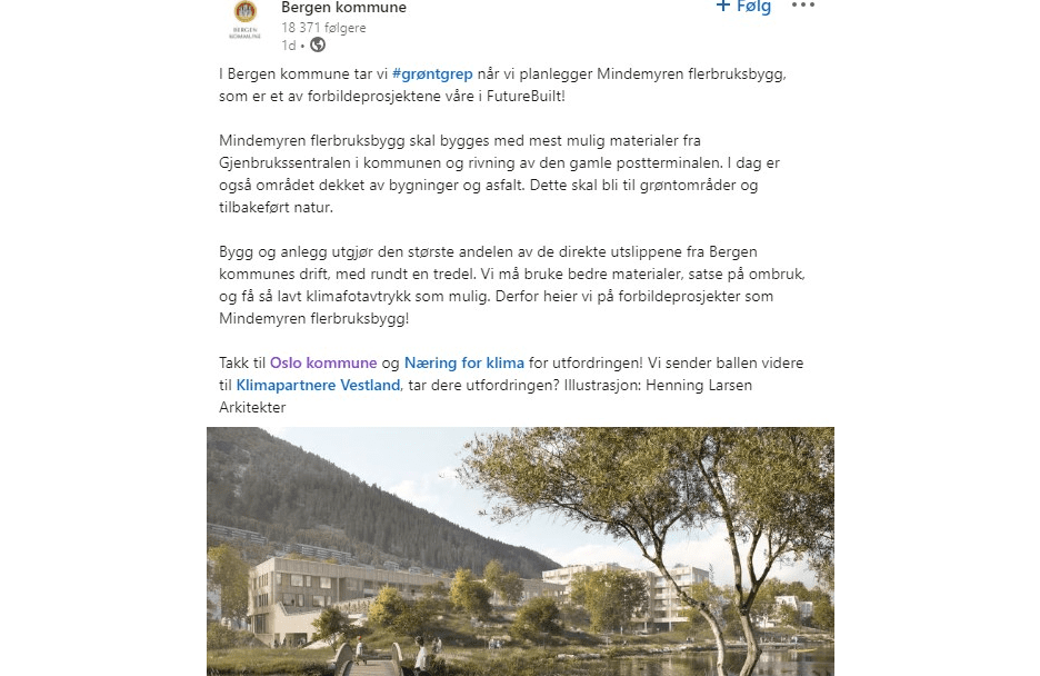 Sosiale medier-innlegg fra Bergen Kommune som viser en arkitektonisk gjengivelse av Mindemyren flerbruksbygg, og fremhever dets vekt på «Grønt grep», omgitt av frodig grønt og vann. Innlegget beskriver prosjektets innovative design og forpliktelse til miljømål.