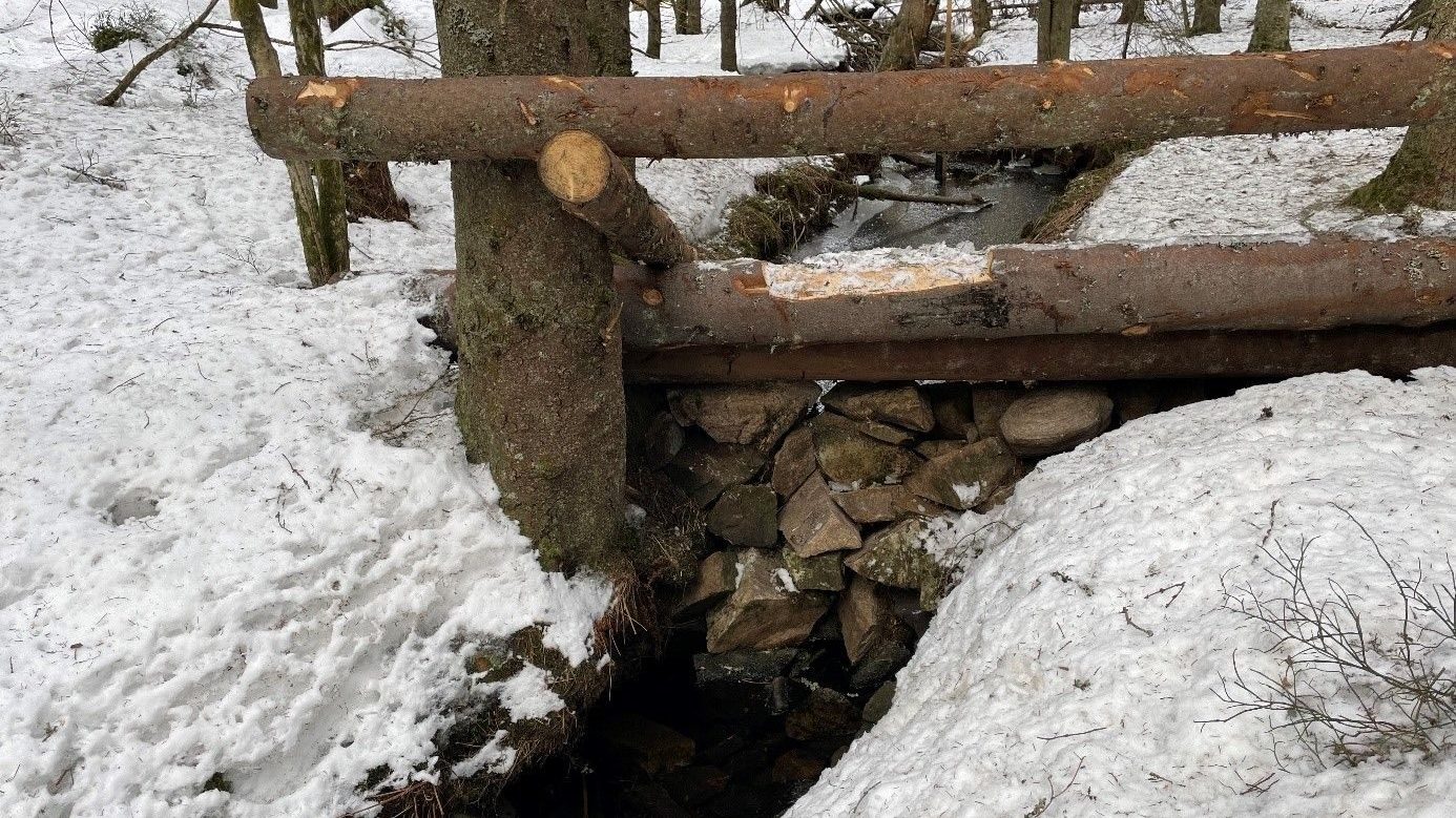 Trestokker som er lagt som en barriere i Lunnerdalen.