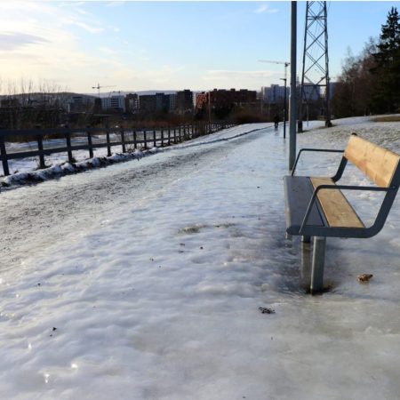 Ishålke i Tøyenparken og en benk.