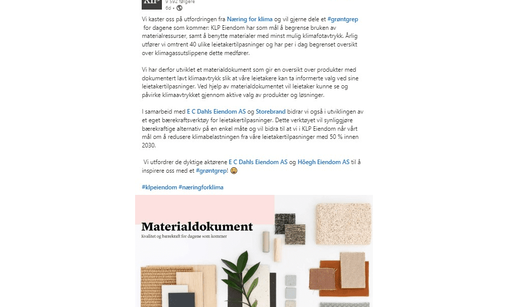 Et LinkedIn-innlegg av KLP Eiendom AS, som viser et Grønt grep-initiativ, inneholder en kunngjøring sammen med en collage av ulike materialprøver på lys bakgrunn.