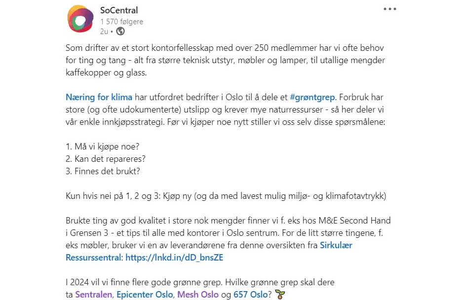 Skjermbilde av et SoCentral LinkedIn-innlegg som diskuterer Grønt grep, og fremhever bærekraftige løsninger for bedrifter i Oslo som deling av kaffekopper. Innlegget inneholder lenker til mer informasjon.
