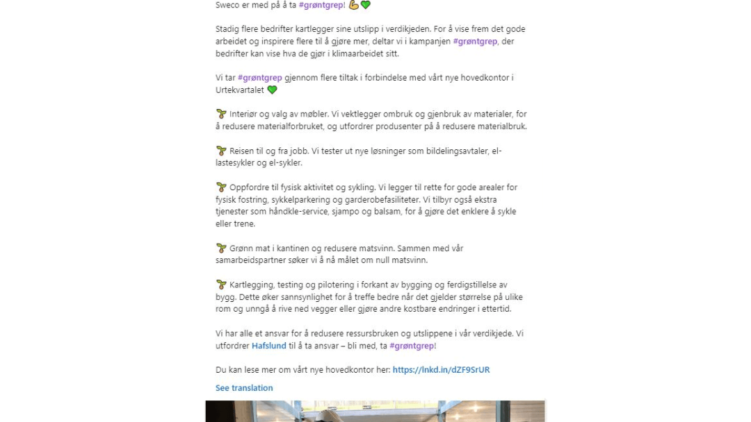 Et skjermbilde av et LinkedIn-innlegg fra Skanska fremhever deres Grønt grep om bærekraft på Goteborg 2023, med strategier som gjenbruk av interiør og innovative byggematerialer.