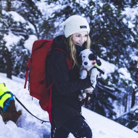 a woman and two dogs walking in the snowy woods