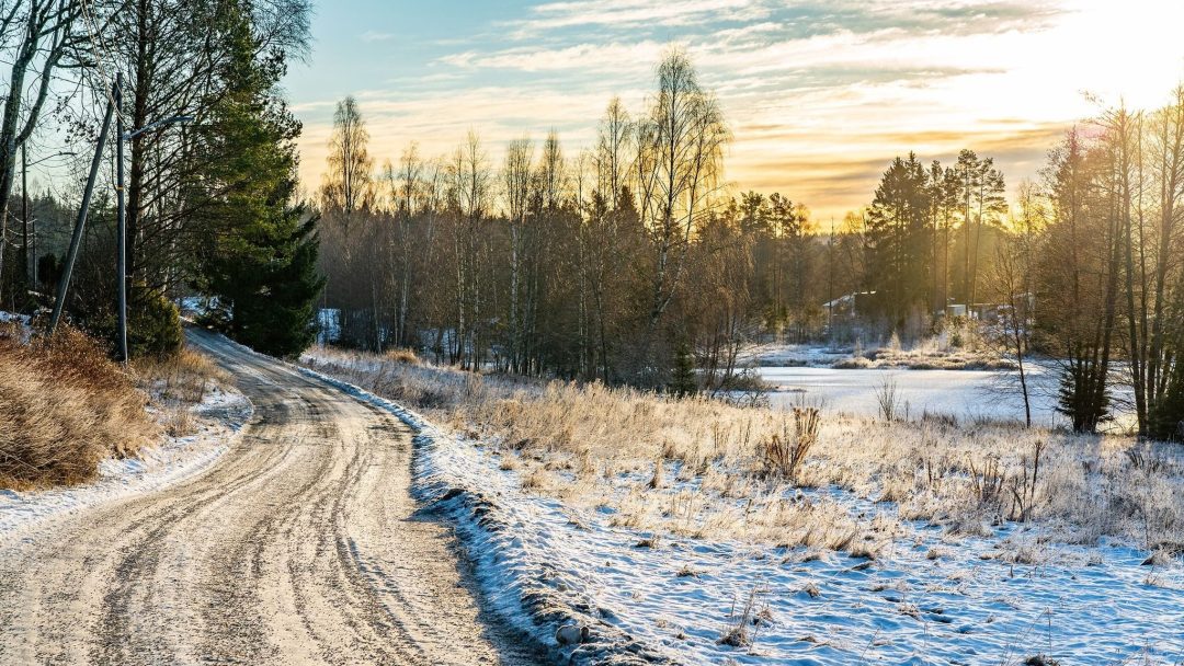 Skogvei med litt ishålke. Sol fint vær, og med et vann i bakgrunnen.