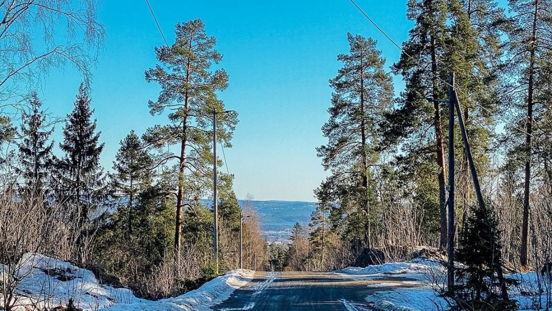 Utsikt fra Midtstuen Tryvann. Blå himmel, snødekte veier og grønne furuer