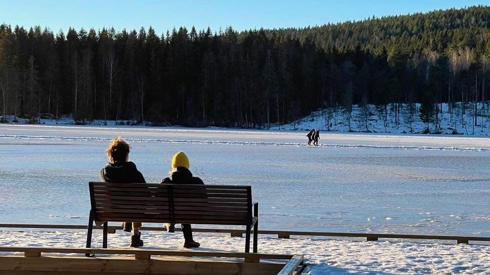 Benk med to personer som skuer ut på skøyteløpere på isdekket Sognsvann.