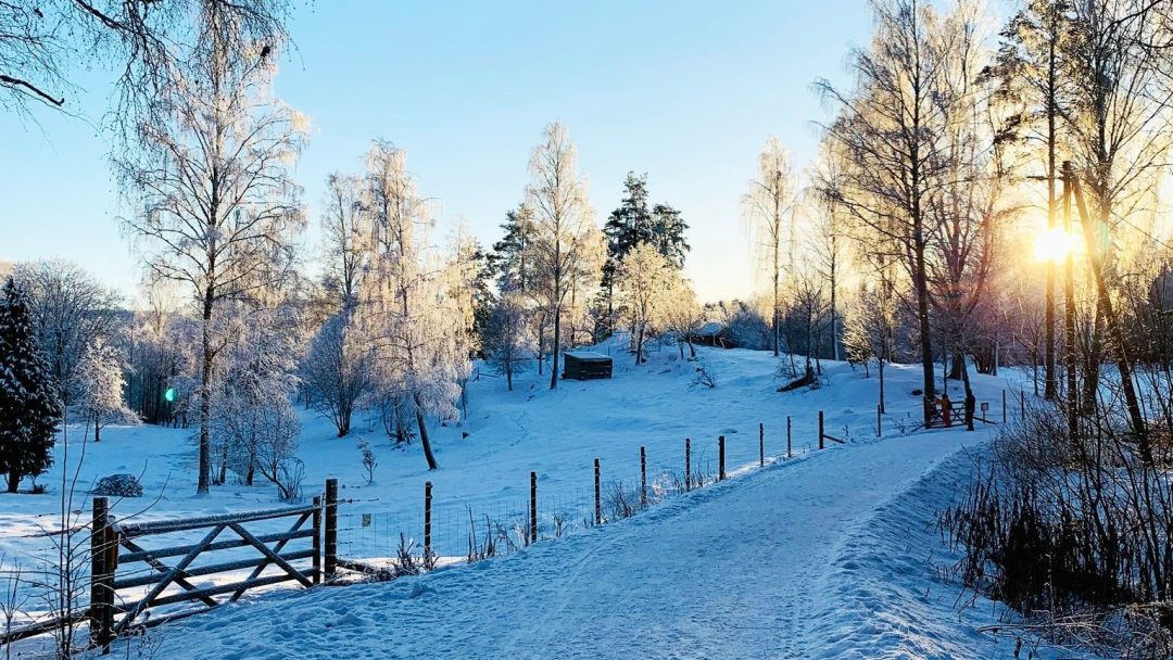 En klar vinterdag med sollys, snødekket vei, port og mennesker i bakgrunnen.