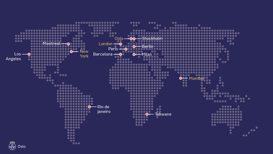 verdenskart med storbyene som jobber med klimabudsjett